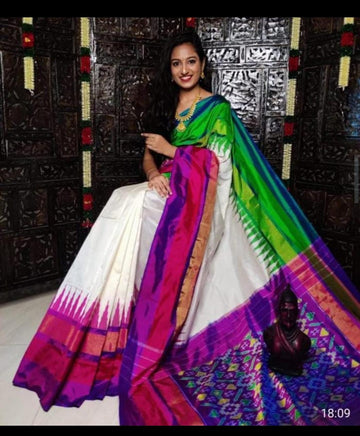 Pochampally-ikkat-Silk-Cream-Purple-Sari-weavesarees.com